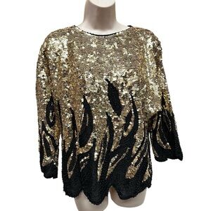 Vintage 1980s silk beaded sequins shirt fire design women’s small black gold